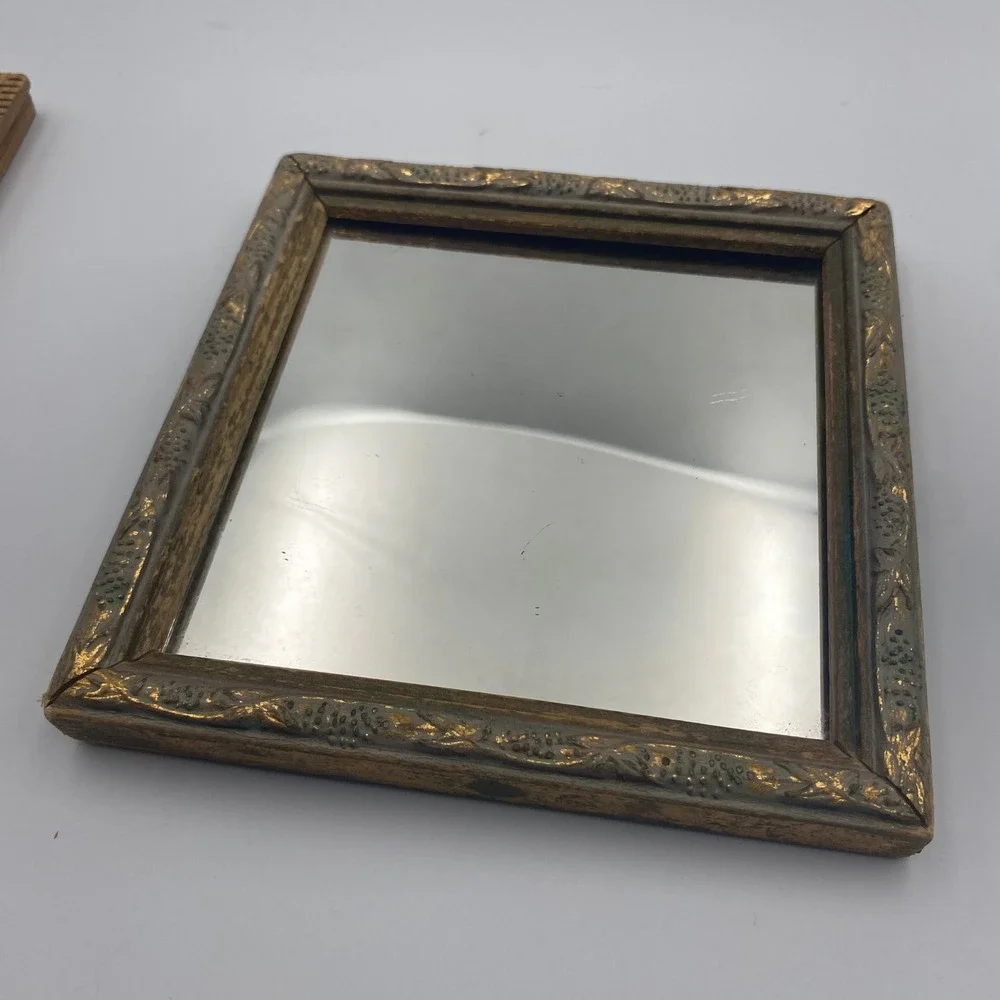 Vintage Ornate Gold Gilt Wood Frame Square Wall Mirror Floral Relief‎ 6x6